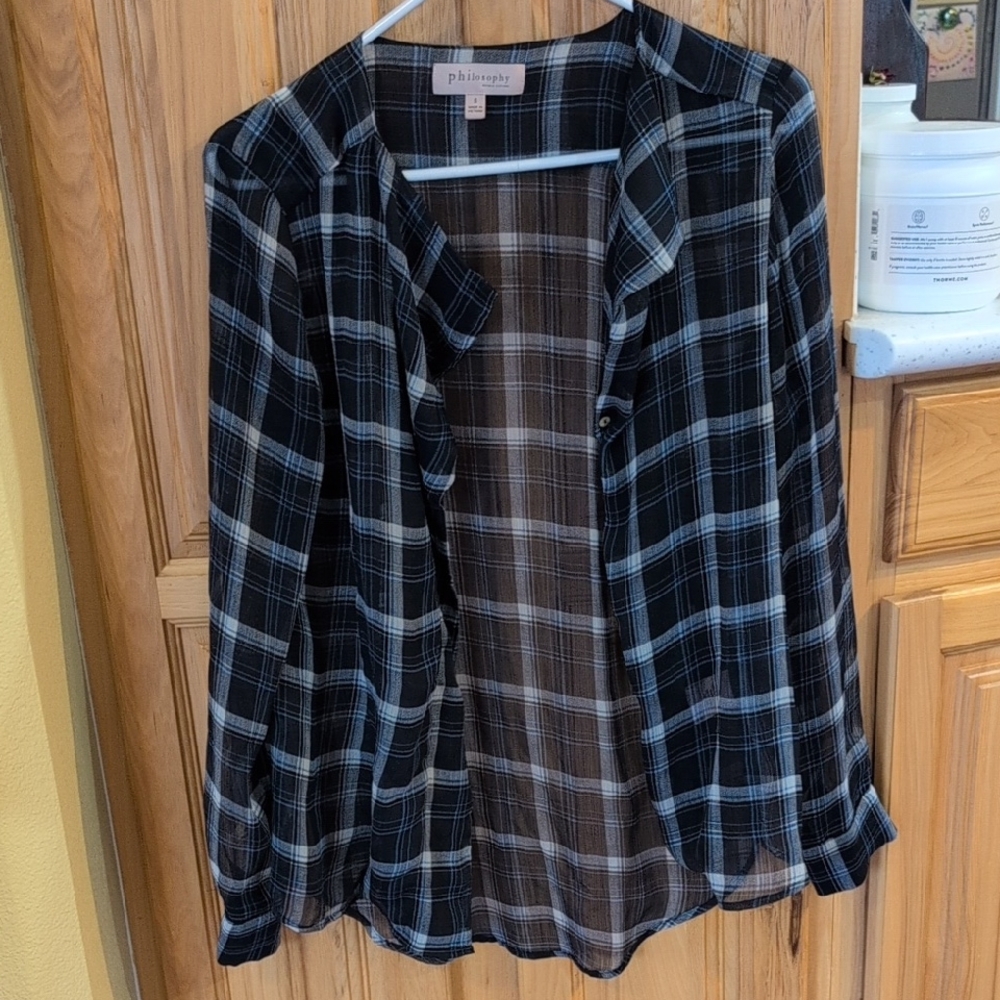 Philosophy Sheer Blue Plaid Top Size Small